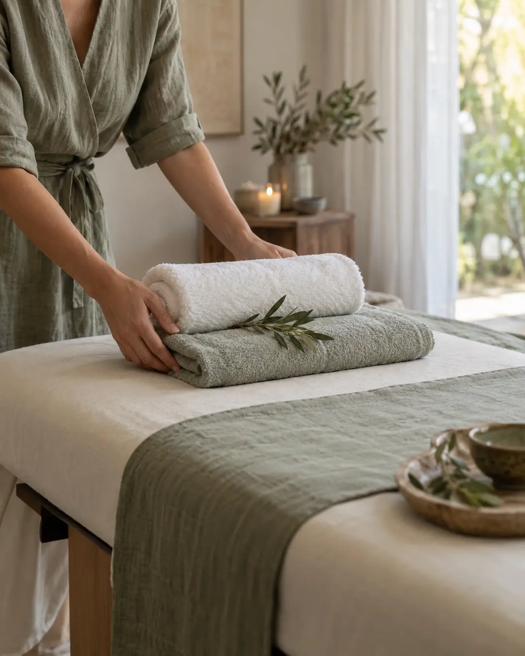 Hands arranging towels on a massage table in a quiet wellness room