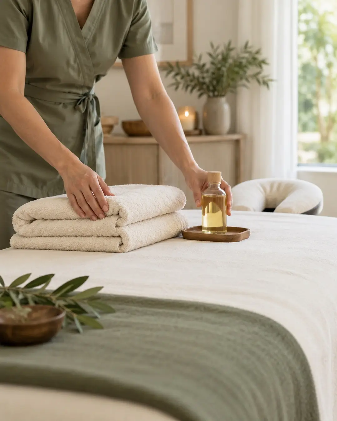 Therapist's hands organizing fresh towels and massage oil
