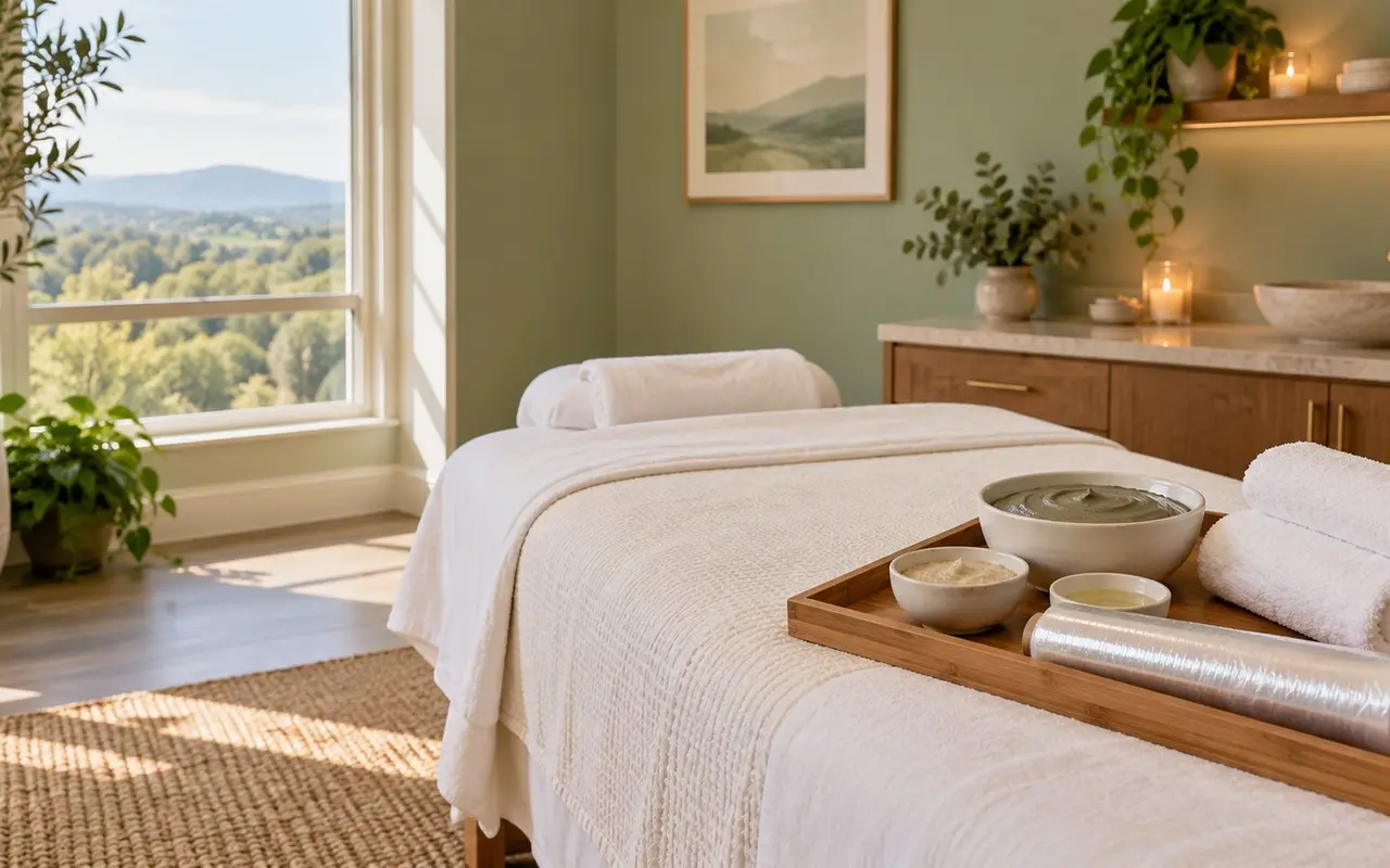 Body wrap treatment room with plain product bowls, towels, and transparent wrap