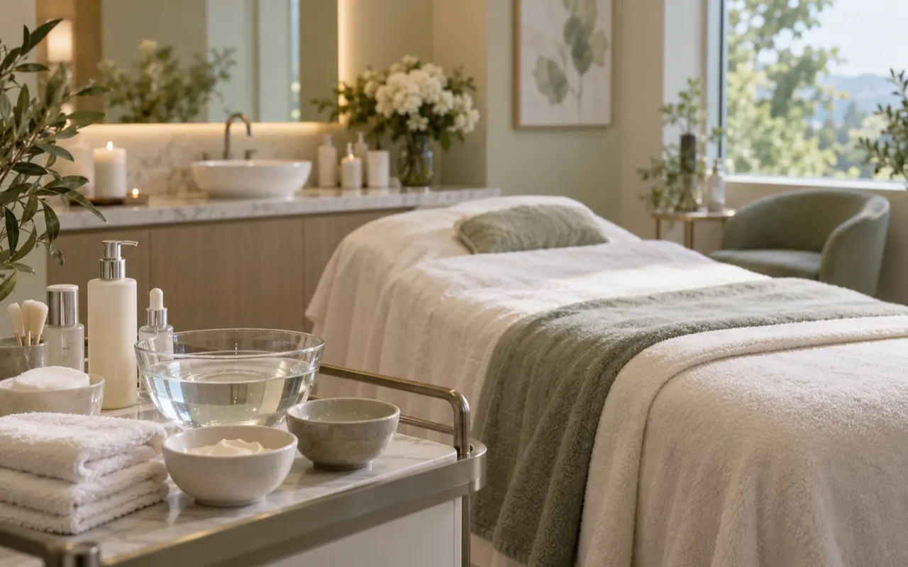 Facial treatment table with cleansing bowls, towels, and unlabelled skin-care products