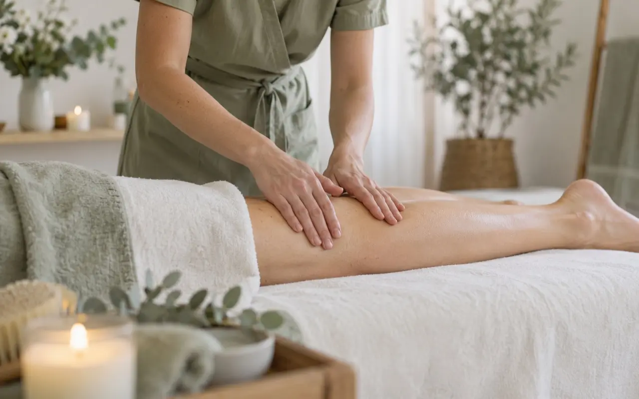 Gentle lymphatic drainage touch on a draped lower leg