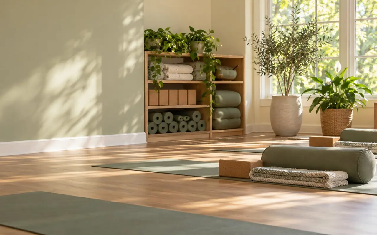 Sunlit yoga studio with mats, blocks, bolsters, and folded blankets