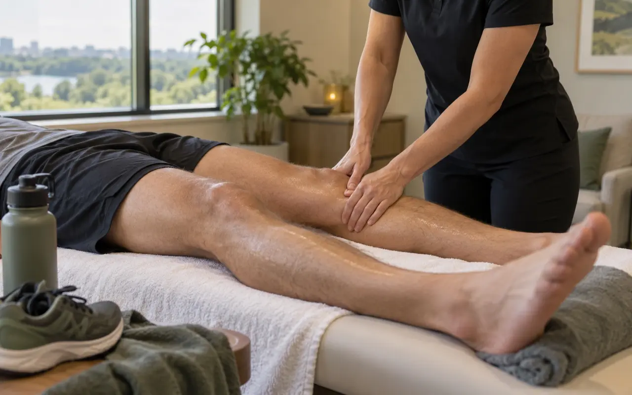 Therapist working a runner's leg on a massage table with unbranded running gear nearby