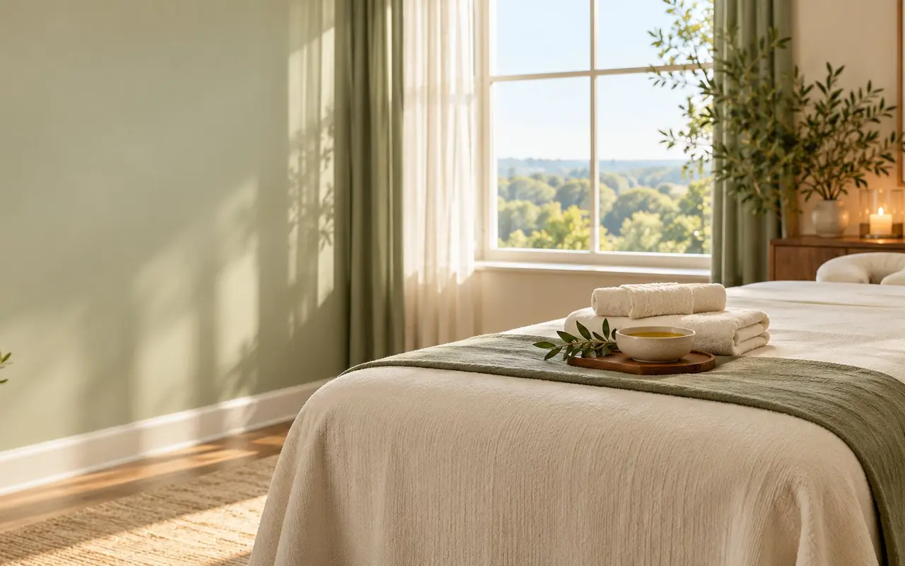 Sunlit Swedish massage treatment room with cream linens and folded towels