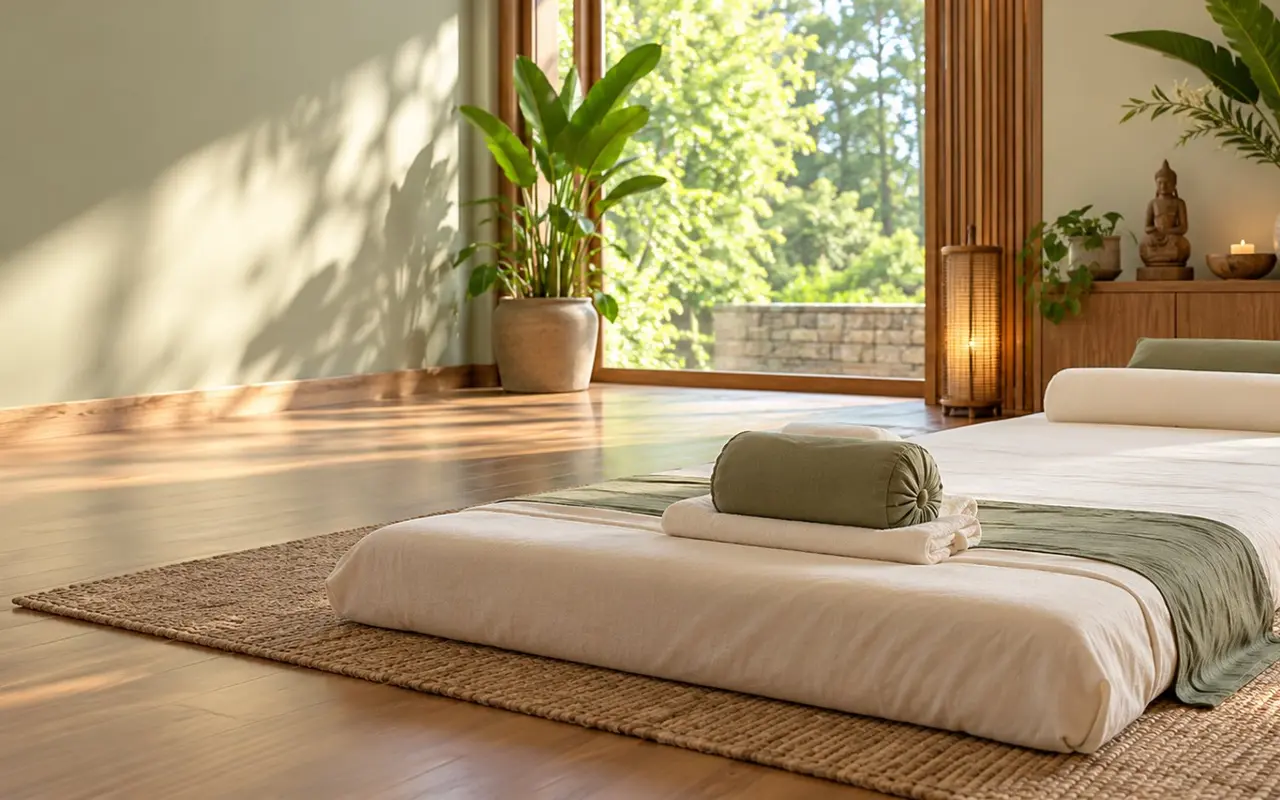Thai massage floor mat with bolsters and fresh linens in a quiet studio