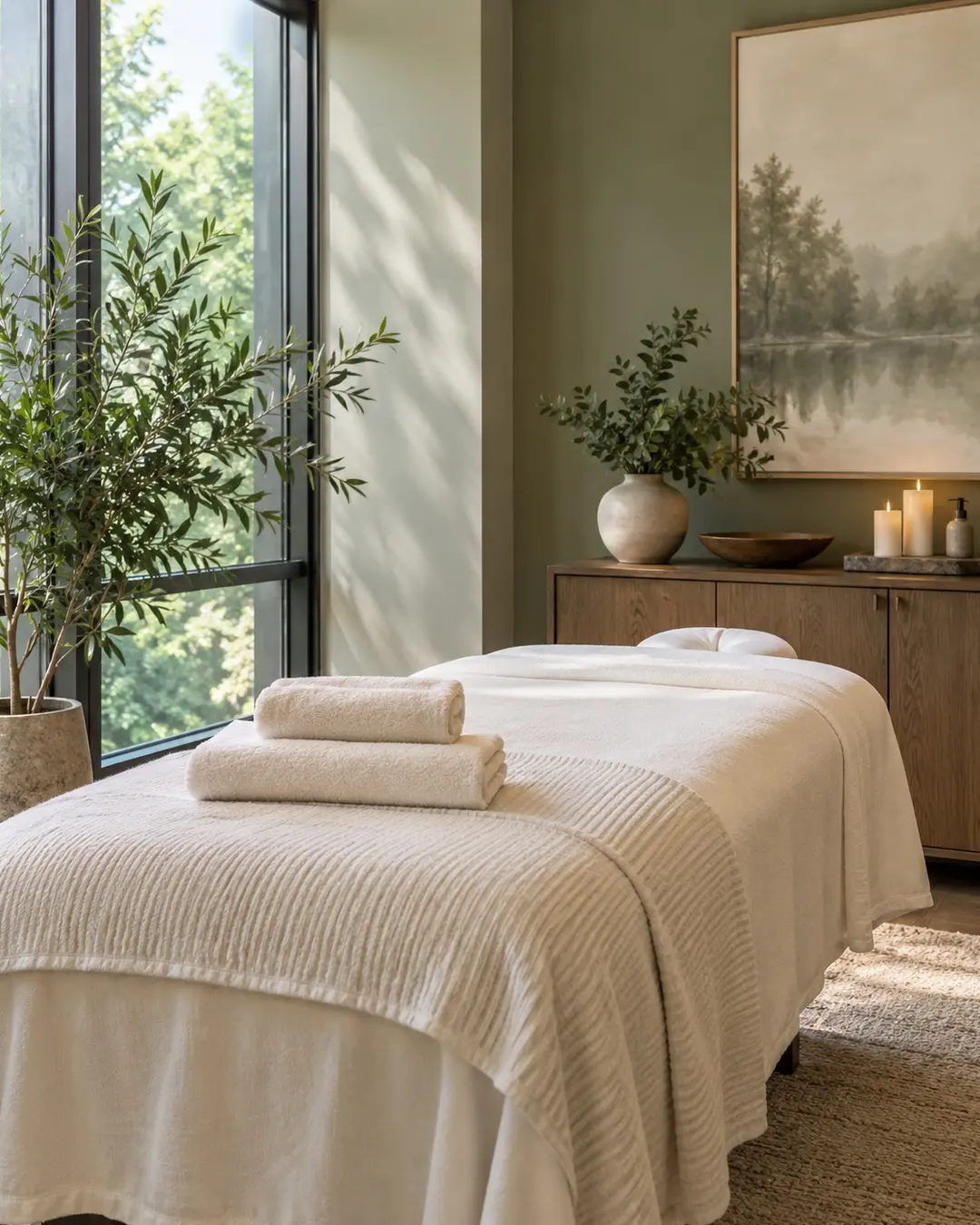 Calm massage treatment room with folded cream towels and a leafy plant