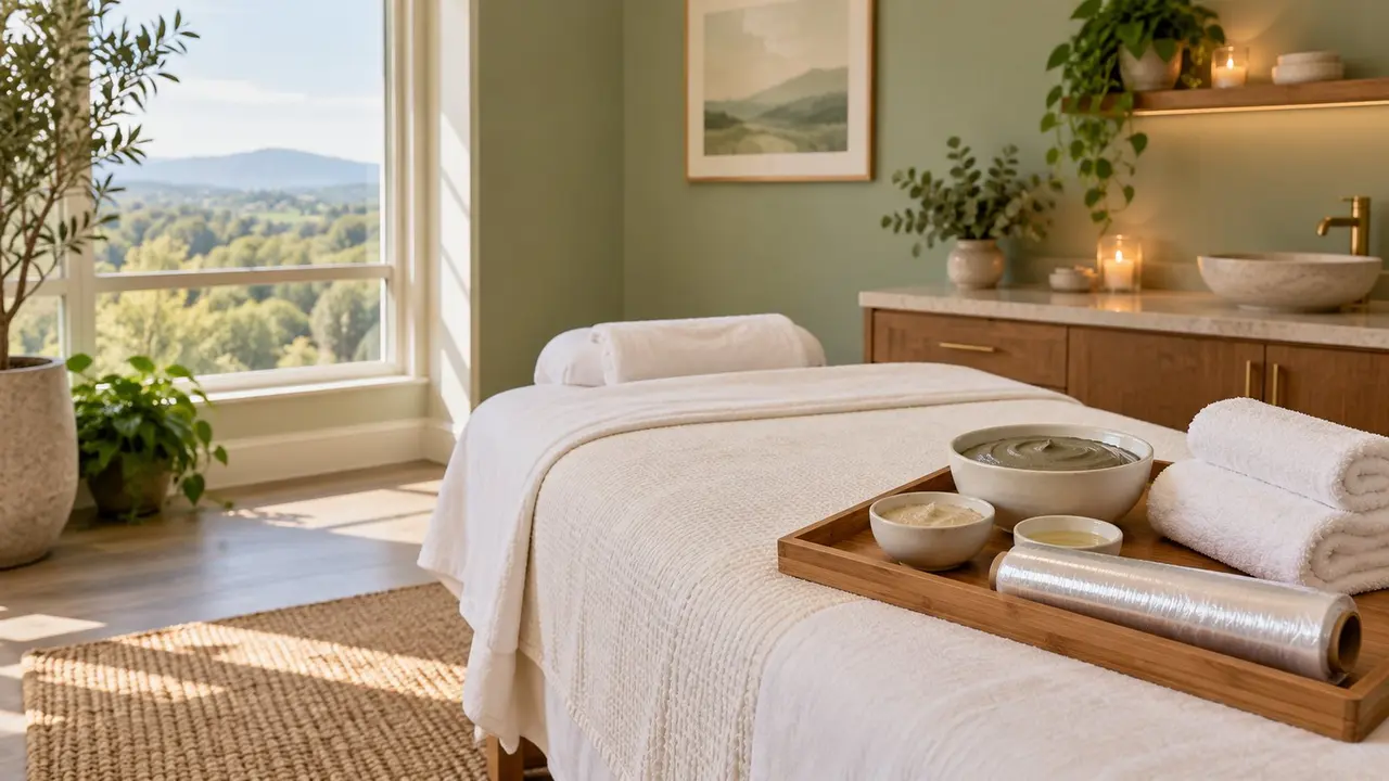 Body wrap treatment room with plain product bowls, towels, and transparent wrap