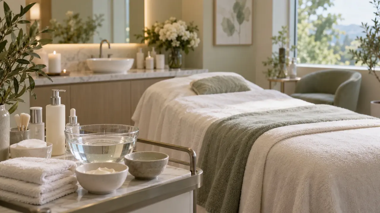 Facial treatment table with cleansing bowls, towels, and unlabelled skin-care products