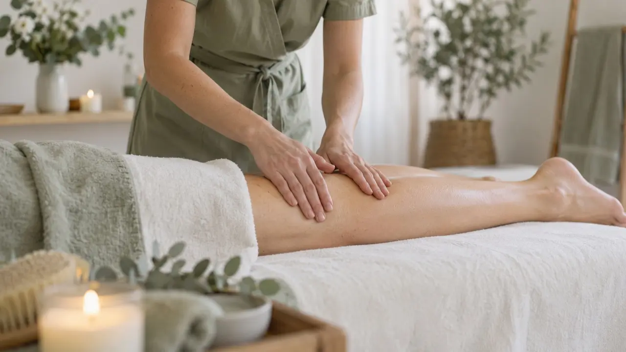 Gentle lymphatic drainage touch on a draped lower leg