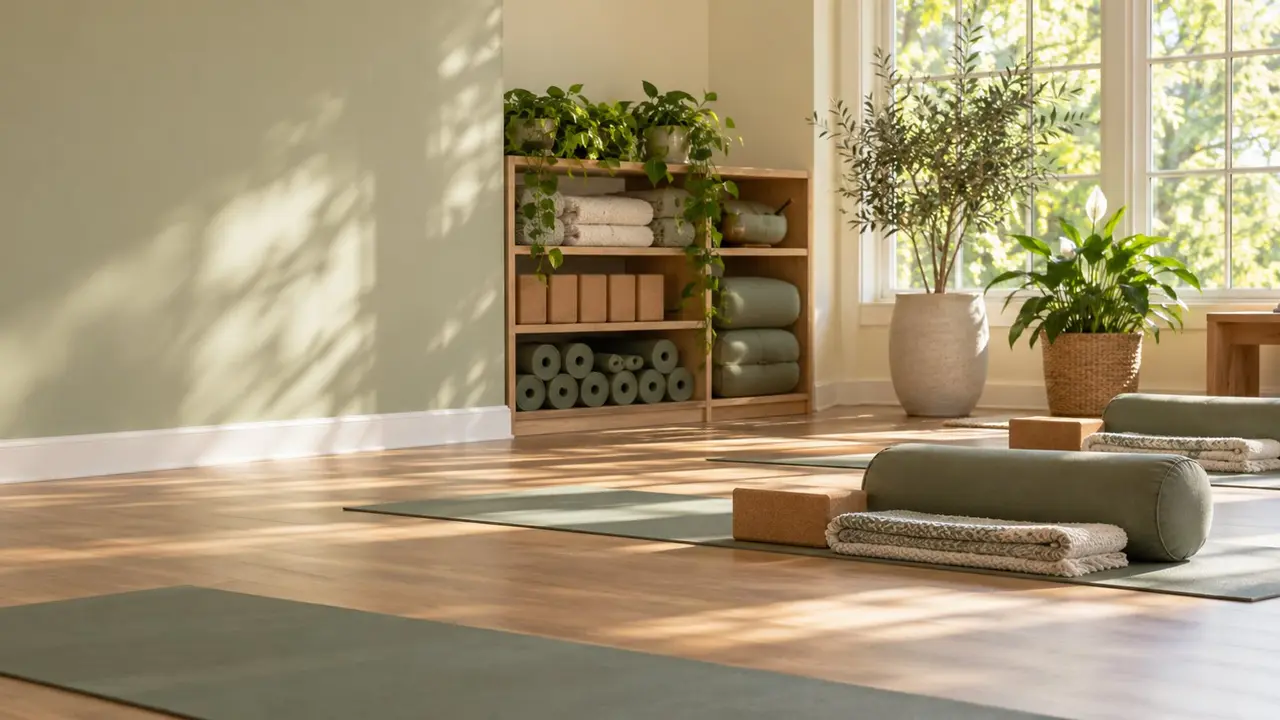 Sunlit yoga studio with mats, blocks, bolsters, and folded blankets
