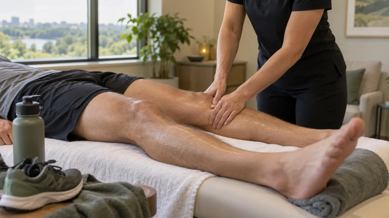 Therapist working a runner's leg on a massage table with unbranded running gear nearby