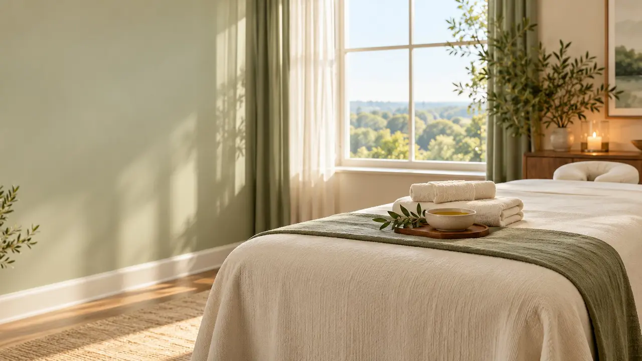 Sunlit Swedish massage treatment room with cream linens and folded towels
