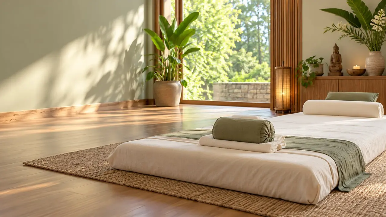 Thai massage floor mat with bolsters and fresh linens in a quiet studio