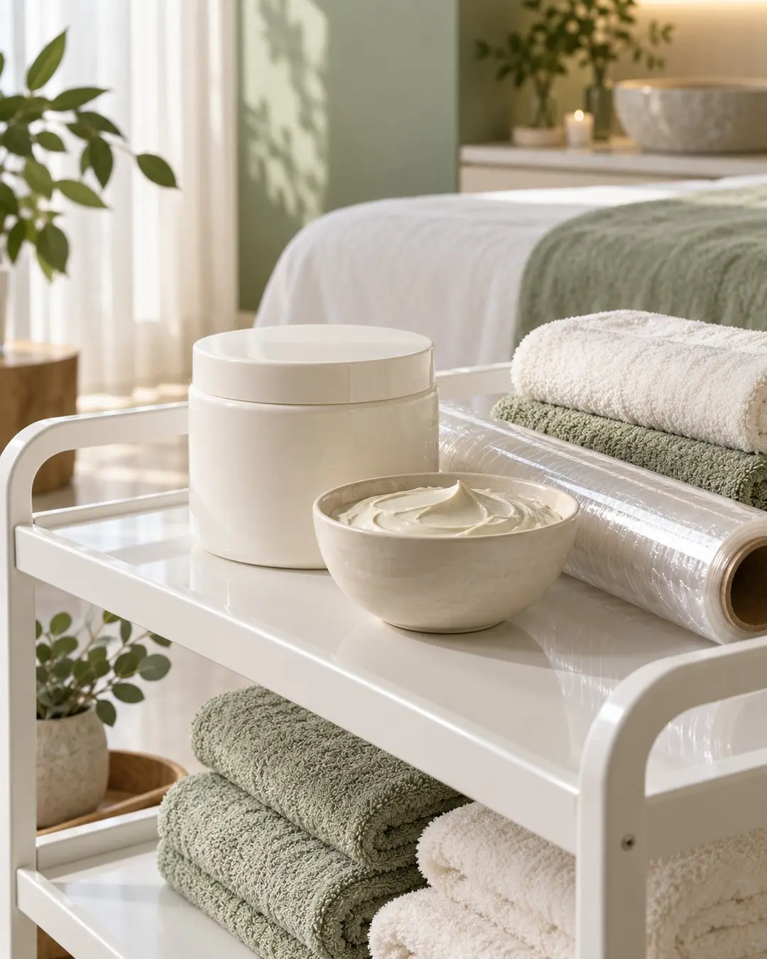Plain skin-care bowls and transparent treatment wrap on a spa trolley