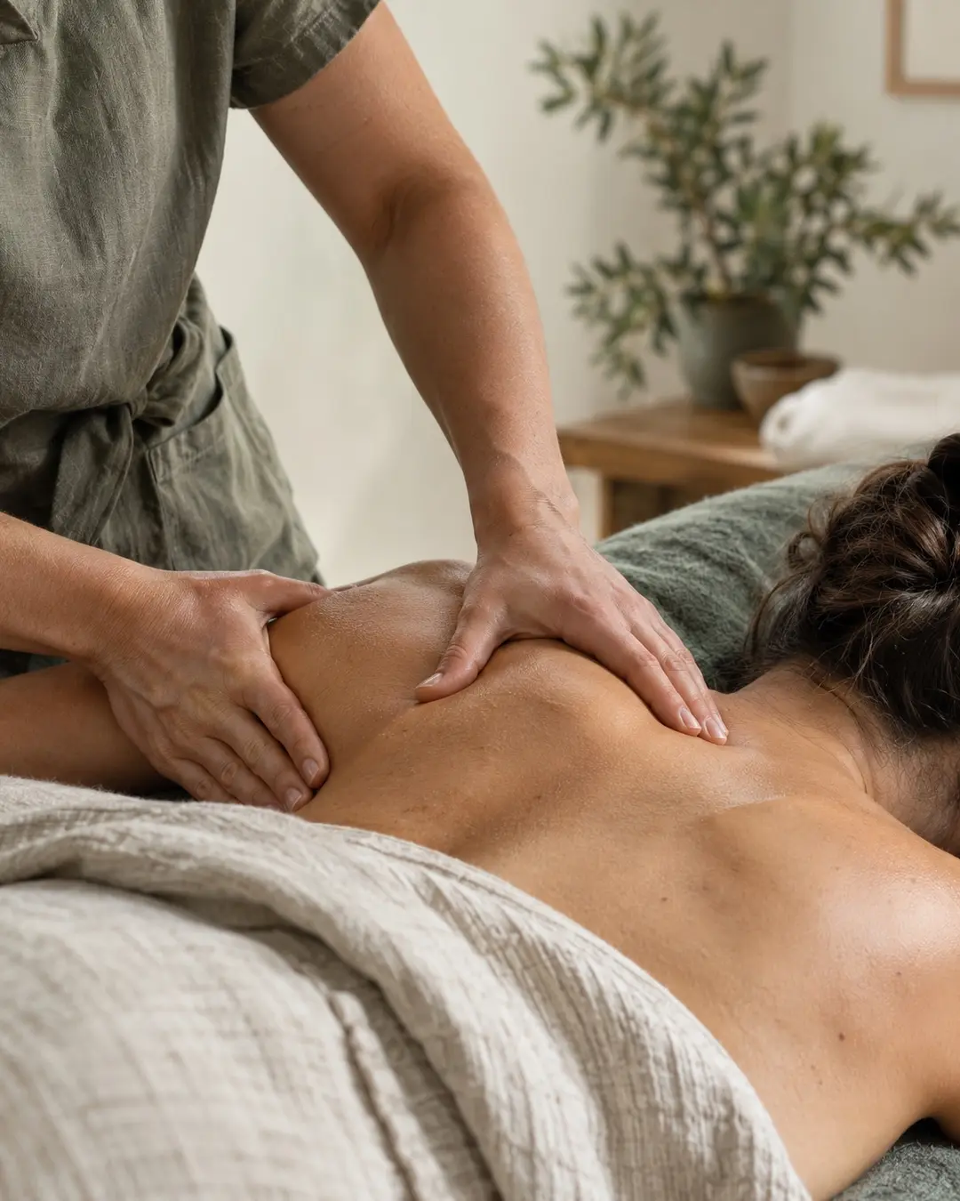 Therapist's hands providing focused shoulder bodywork