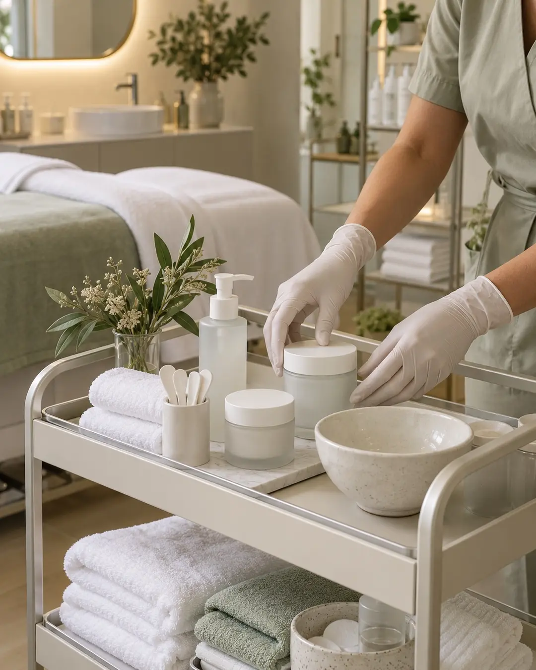 Skin-care supplies and clean towels prepared on a facial trolley