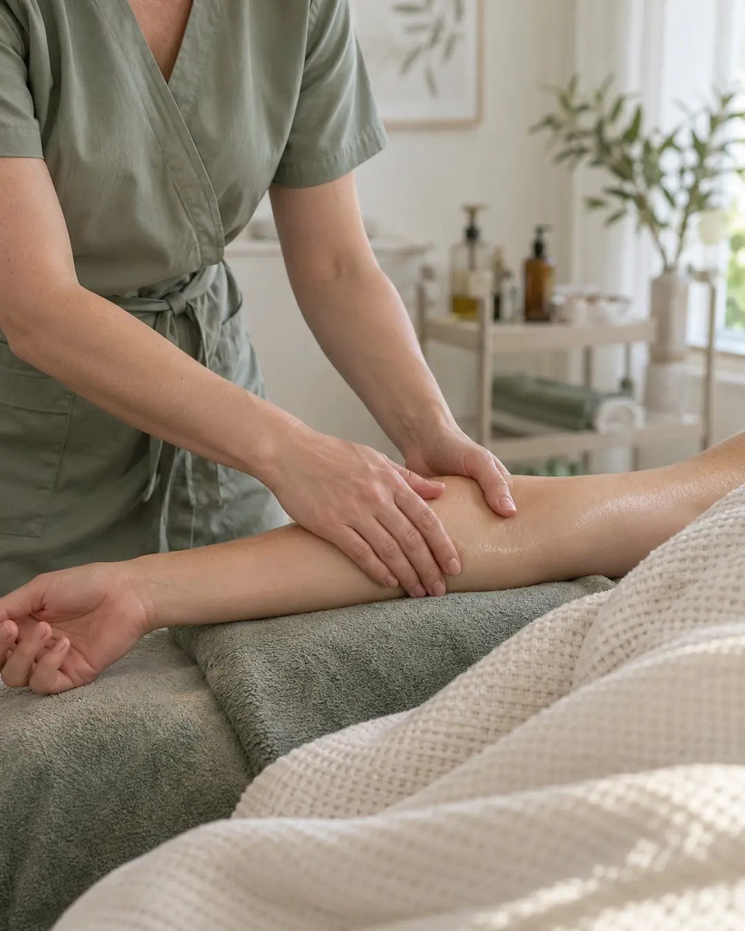 Therapist's hands using light touch on a client's forearm
