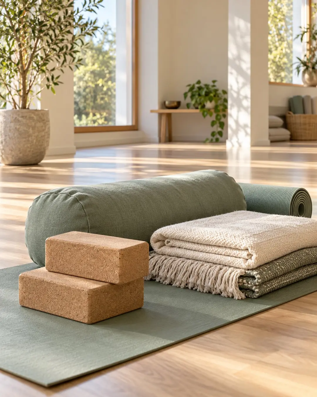 Yoga props arranged for an adaptable movement class
