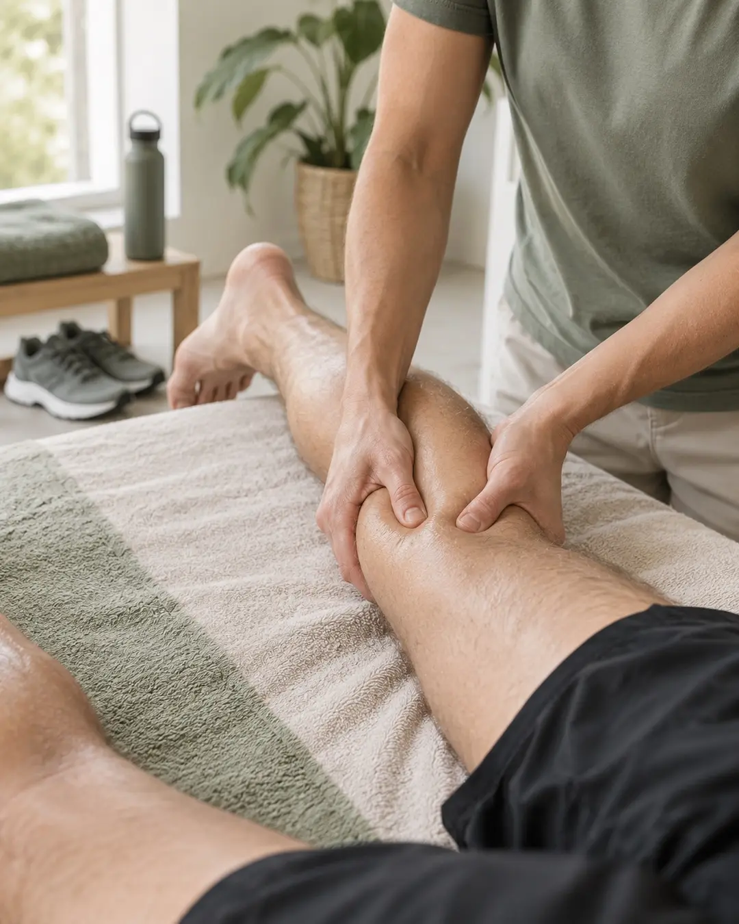 Therapist's hands easing an athlete's lower leg after activity