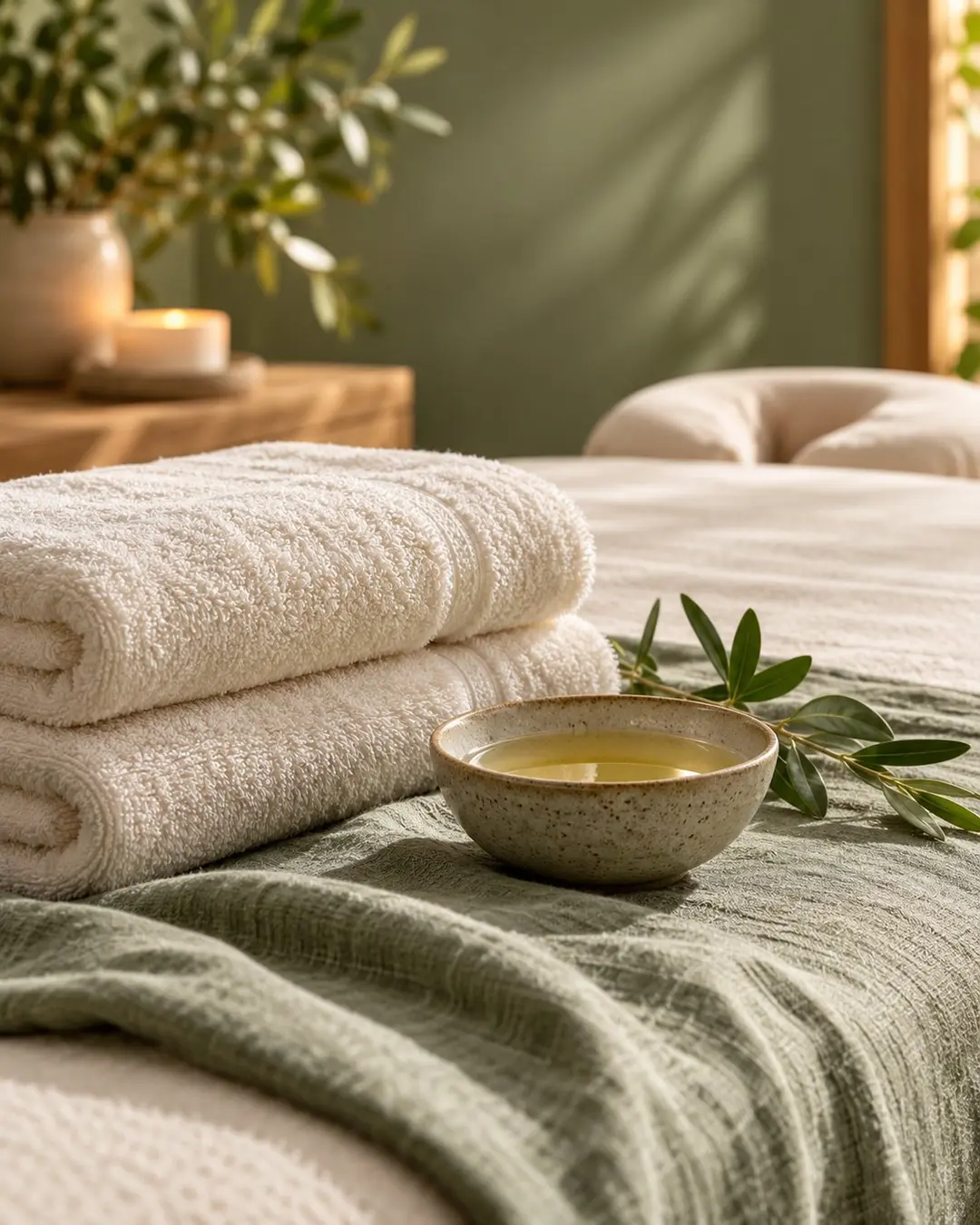 Folded towels and a plain bowl of massage oil on a treatment table