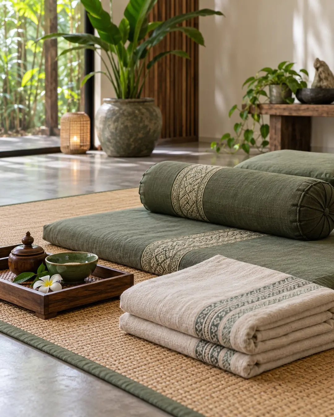 Thai massage bolsters and folded blankets on a floor mat