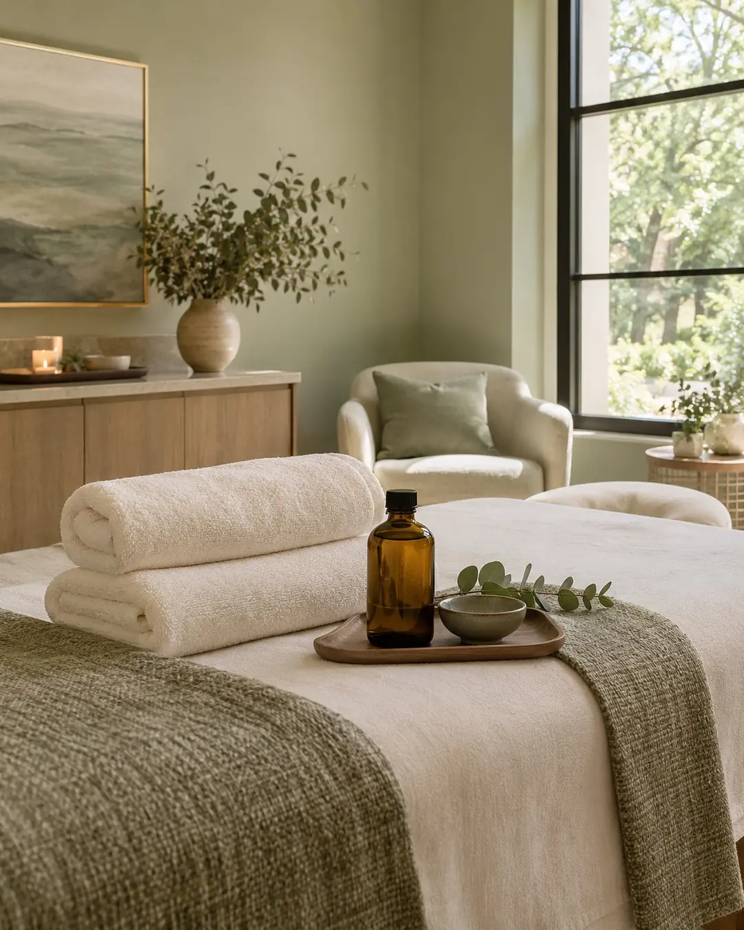Fresh towels and unmarked massage oil prepared for a treatment